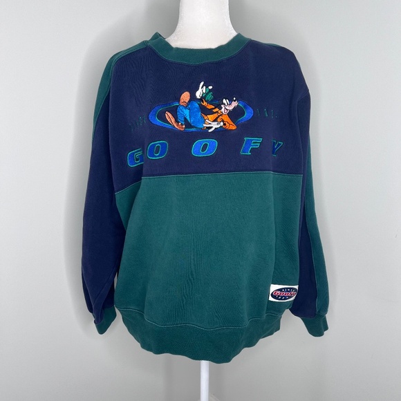 Vintage 90s Disney Goofy Embroidered Crew Neck Sweater Green Blue L - Picture 1 of 5